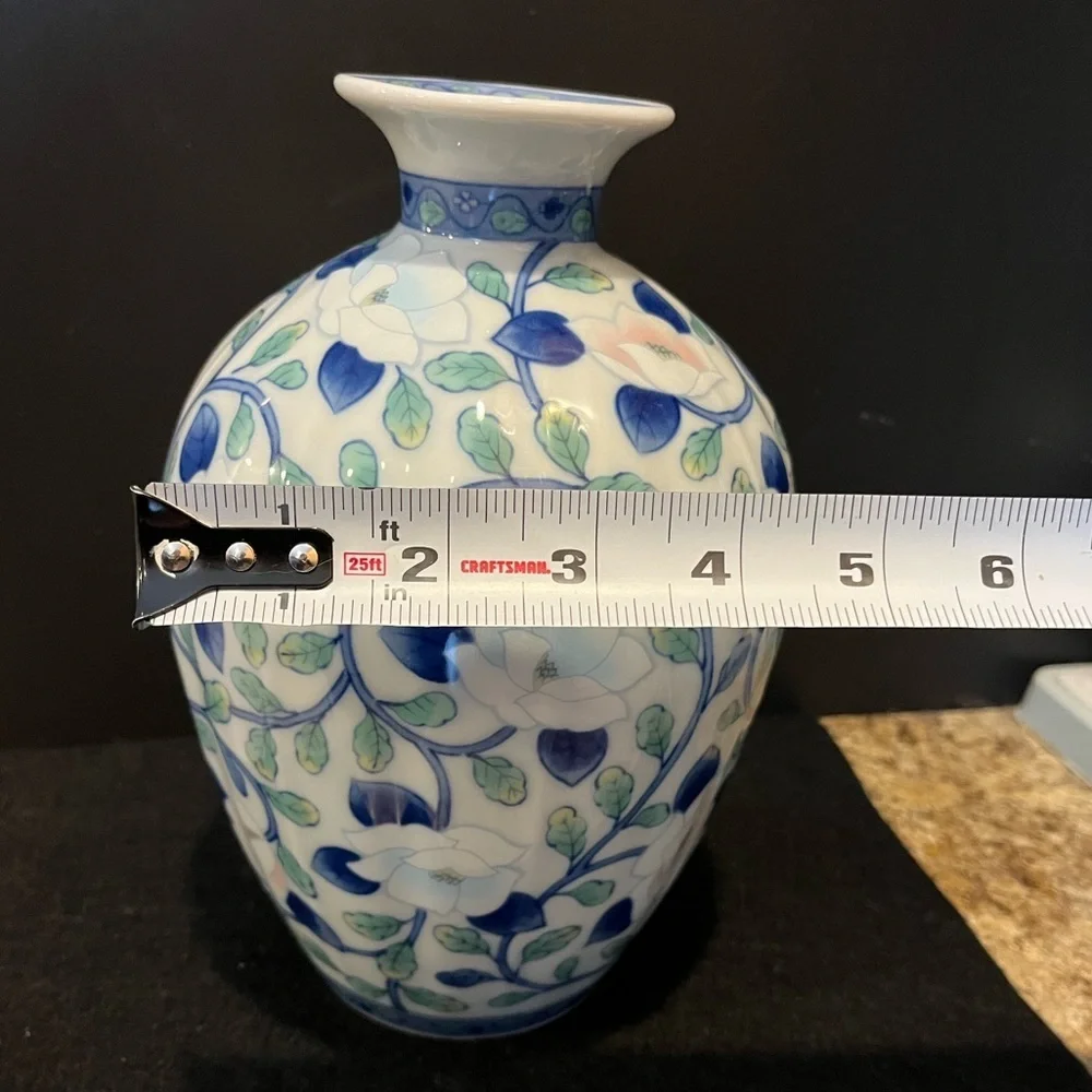 Vintage Maebata Japan Lotus Floral Andrea by Sadek Blue and White Vase